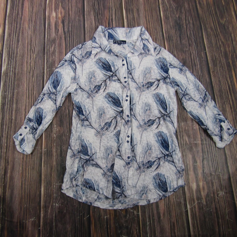 Newport By Carine Womens M Blue Feather Print Button Up Tunic Shirt Granny Core